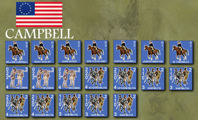 The American force.  950-1000 men historically, so we're looking at 12 unit counters at 80 men a piece (basically two understrength companies of the time).  Although these are all militia, so 