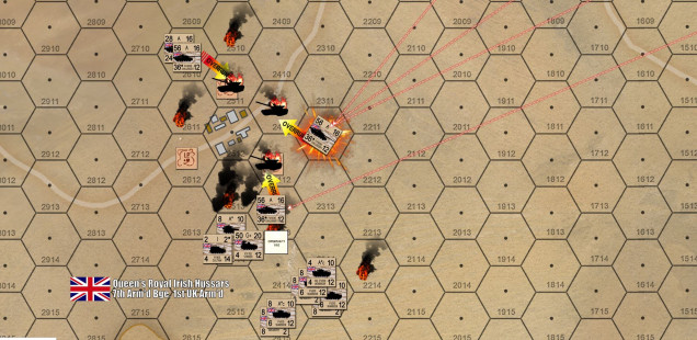 The UK envelops the forward Iraqi spoiling position, with a series of Challenger 1 overruns against Iraqi BTR-60s, while the dismounted infantry make a desperate close assault against the British battalion command group to the south ... they were annihilated by British opportunity fire, even as the Iraqis JUST miss killing a Challenger 1 troop under fire of a whole Type-69 battalion on a far ridge off to the northeast.