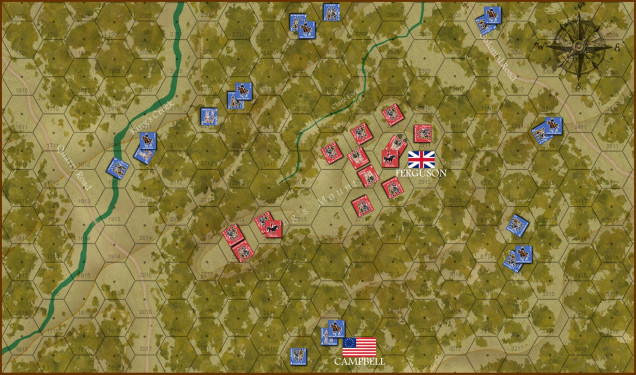Historical set ups for the two forces at about 1:30 PM, 7 October 1780.  Ferguson didn't think much of his opponents, calling them barbarians,  mongrels, etc.  SO he didn't bother to have defensive works set up around this 