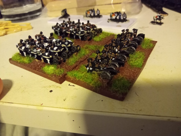 The Limbers and Guns. Irregular Miniatures sell the Limbers with the guns. It is a little off here but the Limbers are also on 60 x 30 bases so they line up