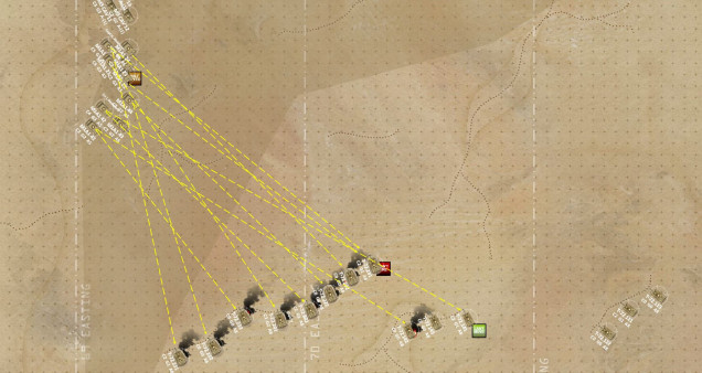 The first company of T-72s is destroyed in a single fire phase by Rasmus' Eagle Troop, exactly as took place historically.  One tank has struck a mine, however, and even more lucky for my Iraqis, actually taken damage.  So I'm actually 1/3 toward an Iraqi game victory here.  This damage to the Iraqis was inflicted even though the Americans were advancing at 