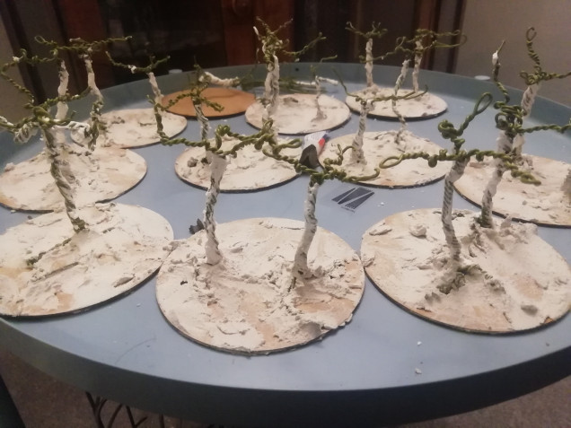 The battlefield needs some trees so I've been spending my evenings twisting wire which kills the hands. I've never made my own trees before so s bit if an experiment