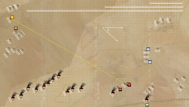 End of Turn 2, and Eagle Troop has more or less caved in most of the follow-on companies of Iraqi armor (battle is now 60 second in progress).  However, One of my T-72s has scored a lucky activation roll (scneario rule: Iraqis units cannot activate on Turn 1, only activate on Turn 2 with a 50% roll, and on Turn 3 activate normally) and actually struck a M3 Bradley cavalry track at a range of 49