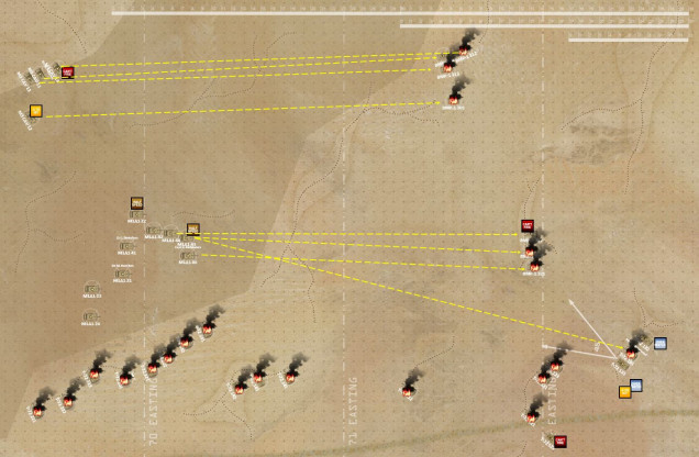 After four turns, two minutes, this FIRST PHASE of 73 Easting is over.  The Iraqi tank / mechanized battalion is effectively shattered, with 16 T-72s destroyed, two cripples having fled the field, two more damaged, and five BMP-1 APCs wrecked as well.  The Iraqis have been hitting the Abrams occasionally, but at ranges past 1500 meters they mathematically can't penetrate the Abrams' armor (note these Iraqis are not fighting with 