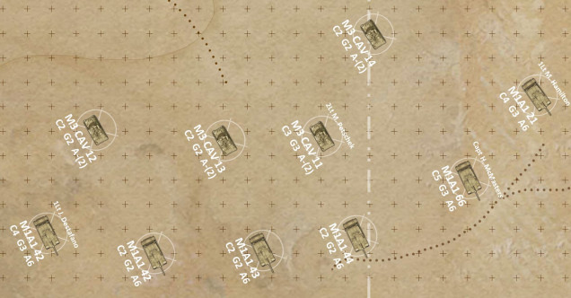 The Americans - some of Eagle Troop, 2nd Squadron, 2nd Armored Cavalry Squadron (Captain H. McMasters).  His historical platoon commanders are also ready to go.  Counters track vehicle facings, commander's skill, gunner's skill, and ammunition.