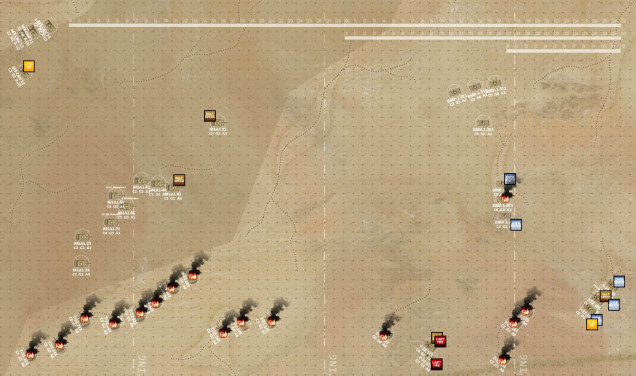 Turn 3.  The M3 Bradley cavalry tracks have fallen back for missile reload drill,  covered by the advance tanks.  Abrams 22 has now struck a mine as well (admittedly I drew this minefield too deep), but the butchry of T-72s is now almost complete.  Hopwever, the reserve force of BMP-1s is now moving as well, activating around the north to hopefully take the American left wing under fire.   Again, please note these vehicles are about FIVE TIMES too long, and 25 TIMES too large in area to be truly to scale with the map.  The tan circle in the center of each vehicle shows its true positition (and approximate size).  Modern mechanized and armored war is really spread out, and really impossible to capture in 