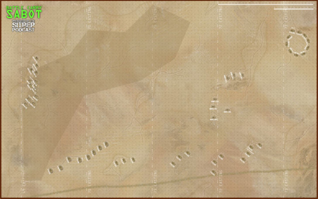 The opening of the battle (grid is one inch, 8' by 5' table).  Dark area is an Iraqi antipersonnel minefield, which poses little more than an annoyance to Rasmus American tanks.  Turns are 30 seconds, so American tanks move at 11