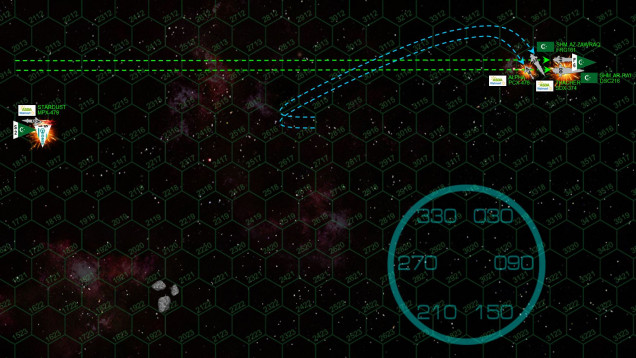 Now this is a very small battle (65 points, typical games run from 300-800), and raid victory conditions ... meaning that Hegemongary has actually already fulfilled victory requirements (destroy 30% of the enemy points, win by at least 5%).  Now he just has to get out of the battle area.  His two ships pour everything into acceleration, and are now pushing 16 hexes (48 kilometers per second) in a determined bid to break off the engagement.  Consortium ships, however ... while small and fragile, and INCREDIBLY nimble.  So even at her speed of 24 kps, Tuffyears is able to execute a four-point turn that puts her two remaining ships in a point-blank broadside straight across Hegemongary’s stern.  Gunboat Alpha fires first, tearing open the az-Zawraq’s stern armor but not quite getting into her engines or reactors.  Az-Zawraq fire back with stern EPCs, slashing the Alpha clean in half, the 9-teravolt “lightning gun” incinerating the bridge and instantly killing her skipper, Sr. Manager Taylor.  The Thacher fires a moment later, drilling straight into the az-Zawraq’s armor that the Alpha had just opened, knocking out her port and centerline engines, two reactors, aft mass drivers, and aft shield.  The ship MAY be crippled, but Thacher’s two powerful 8-megakelvin lasers have already switched to the ar-Ra’i.  These hit perfectly in the ship’s central stern, damaging both port and starboard engines.  Ironically, although more badly damaged, the az-Zawraq survives the assault, while ar-Ra’I loses power (along with four fighters shot down in an abortive missile attack run on the Thacher)   