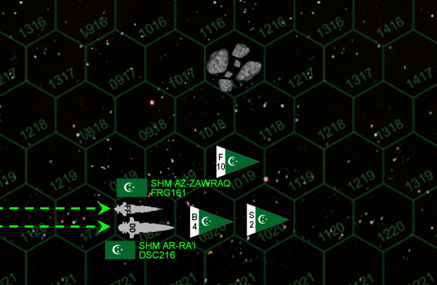 Here is the Arab League battlegroup, the Khalifa-class aerospace carrier ar-Ra’I, carrying a complement of “Mylekinir” (Fire Angel) type fighters and “Demkikham” (Vengeance) class bombers.  Escorting her is the Hattin-class frigate az-Zawraq, armed with small but stinging 6-megakelvin lasers and 9-teravolt EPCs.    