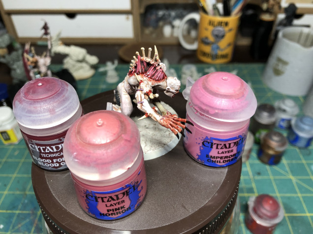 The back muscles and flesh are based in GW Pink Horror, washed with GW Blood for the Blood God and highlighted in GW Emperor Children