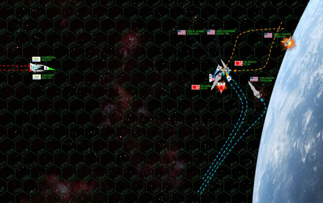 As USS John Young evacuates, the 25,000 ton hull burning up and exploding in the planet’s atmosphere, the two fleets close to a brutally-close engagement range.  Here the advantage starts to swing a little to the Americans, at this range my guns are almost as accurate as Rasmus’, and those expensive targeting arrays give him less of an edge.  He again wins initiative though.  All I can do with USS Shiloh is continue to slow her approach, turn away from the planet at the last moment, and use the planet’s mass to screen my vulnerable stern.  Rasmus positions Kama to deliver another broadside on my port bow, while not accepting one in return (only my forward guns can fire here, but most of Shiloh’s heavy guns are forward anyway).  Rasmus comes off better in this brutal, point-blank exchange (3 hexes = just over 500 kilometers, spitting distance for these main-battery guns) … at least until my destroyer USS Cowpens (Commander Rachel Collingsworth) and frigate USS Ronald Evans (Lt Commander Charles Watson) cut across Kama’s stern for a point-blank broadside into her reactors and engines.  The swift strike frigate Sakito rushes up behind Cowpens and releases a full barrage (ALL Sakito’s weapons are mounted forward) … but misses with EVERYTHING.  All Japanese scouts are then shot down as well.  Has the tide begun to turn?   