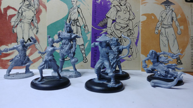 Primed and ready to go.  Four of the minis are from Privateer Press while the Oni and Sajan from Reaper