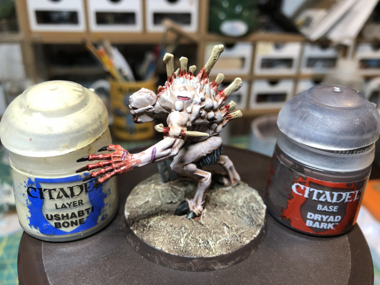 Finally highlight the base in GW Ushabti Bones and paint the side of the base with GW Dryad Bark. I decided to not have a clean coat of paint to match the dirty aspect of the base.