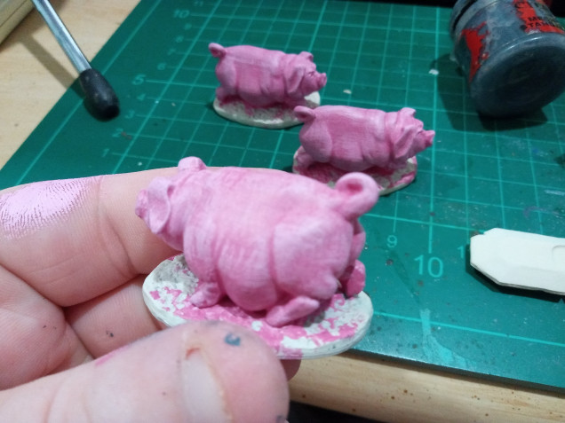 Then a light Drybrush of pure White. Emperors Children has a hint of purple in it which helped to shade the pigs