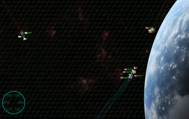 The two battlegroups make their approach.  For the most part, the Americans lose initiative and have to move first.  They stay together, setting a powered glide-path down into the planet’s gravity well in an attempt to gain the “gravity gauge.”  This is a tactic where the the commander tries to put his or her ships between the enemy and the planet, forcing the enemy to turn TOWARDS the planet (very dangerous) to engage.  Also, by turning away from the planet to engage the enemy, the gravity-gauge commander can use the gravity to help slow his fleet and sharpen his turn after a high-speed approach run like this.  It doesn’t really work out for Admiral Saunders, however, as I straight-out miscalculated the course of my ships and their effect gravity would have on them.  So when Rasmus thunders onto the table with Kama and Sakito, presents a broadside, and opens fire at 1800 kilometers, the hapless frigate John Young has her fo’c’sle blow practically clean off.  EPCs and lasers slash into the bridge, Lt. Commander Emily Sanchez narrowly escapes but her ship is doomed, pulled down into a deteriorating orbit that will soon have it burning up in the planet’s atmosphere.