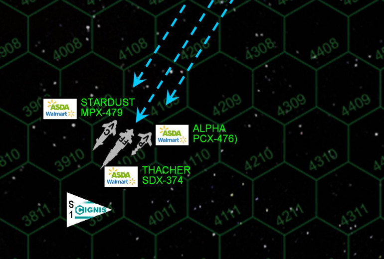 Meanwhile, the Corporate battlegroup cuts in to intercept.  The flagship is the Baroness-class WMS Thacher - small, high-tech, and startlingly well-armed for her size, and fast even for a “security frigate” (often read “merchant raider”).  Escorting her is the Twilight-class “venture cutter” (corvette) WMS Stardust, and finally the Rogue-class armed sloop (gunboat) WMS Alpha ... basically the size of the Millennium Falcon.      