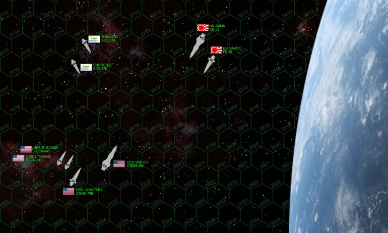 So here is the matchup.  People who’ve followed this project before will know the big Japanese flagship, Rasmus’ IJN Kama.  She’s a true “gun cruiser,” a hypertech 26th-century equivalent of the old Pacific War Takao, Chikuma, Mogami, or Mikuma.  Although a little sluggish (as all heavy cruisers are), lacking in significant secondary weapons, and mounting NONE of the dreaded Ki-45 “Toryu” (Dragon Slayer), the Kama mounts three triple turrets of huge 18-teravolt EPCs, some of the biggest guns you will find this side of a full battleship.  ASDA Wal*Mart has the same flagship WMS Thacher as last week, but now she’s joined by her sister ship WMS Churchill.  Both are Baroness-class “security” frigates originally built by the Cignis megacorp, armed with the 6-teravolt “Tachyon” model EPC (electron particle cannon) and 8-megakelvin “StarSabre” laser emitter.  Extremely fast, maneuverable, their small weapons are slaved to a deadly-accurate “ZenCloud” command and control system, allowing them to punch far above their weight.  The opposing American flagship is the Gettysburg-class heavy cruiser USS Shiloh, sailing beneath the flag of Rear-Admiral Virginia Saunders, packing three triple turrets of 10-gigawatt rail guns, a secondary battery of 9-teravolt EPCs.  She outweighs IJN Kama by 20,000 tons, but she’s not as high-tech.  Escorting ships include the Valcour-class fleet destroyer USS Cowpens (same class as USS Oriskany, just not nearly as well-upgraded) and two Shepard class frigates USS Ronald Evans and John Young (Shepard frigates are named after early American astronauts of the Mercury and Apollo space programs).    