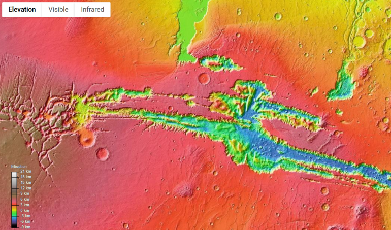 Just to show you how little has eroded from an elevation map of the Valles Marineris with red being 3km above 'sea level; and blue being 3km below.