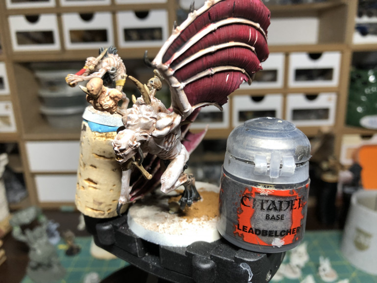 Metallic parts are given a coat of Leadbelcher from GW.
