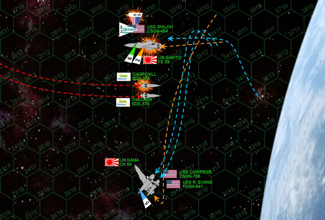 Thee minutes into the engagement.  USS Shiloh completes her peel-up form the planet’s surface, ready to at last broadside the Japanese.  Rushing into her gunsights, however, are the two tiny corporate attack frigates, diving at 33 kilometers per second (11 hexes) directly toward the planet … in the broadside of an enemy cruiser, at optimum range.  They’re even positioned so Shiloh can put her big guns into the port quarters, immediately  hitting vulnerable engines and reactors.  THEN Sakito rushes up behind her, to put another point-blank forward volley into Shiloh’s engines.  For just a minute, USS Shiloh has almost the entire enemy force in full broadside.  Of course, the Thacher and Churchill hammer Shiloh in return.  All American scouts are shot down.  Sakito takes the full brunt of Shiloh’s aft batteries, I knock out her starboard engines and reactors while hitting her from the FRONT, meaning I have basically blow off the starboard side of the ship.  Shiloh’s forward guns turn on the corporate frigate Churchill, where I literally hit the 20,000 ton ship with … and I’m not kidding here, 20,000 tons of guns.  Needless to say, Churchill is all but blown in half, the flaming remains in a fatal dive toward the planet where she will impact not far from here the John Young blew up.  Her skipper, Director Moore, is not among the survivors.   The Thacher is also hit hard in sensors and maneuvering thrusters, affecting her two best attributes, accuracy and maneuverability.  The Kama, however, hammers the heavily-damaged port bow of the Shiloh, and she does not survive a second such fusillade.  EPCs and 12-MgKv lasers slash through the bridge, and while Rear Admiral Saunders survives the loss, her ship is crippled.  The battle is far from lost, however.  USS Cowpens and Ronald Evans are again on the Kama’s stern, and despite a withering fusillade from Kama’s aft guns, the American destroyer and frigate manage to backload Kama’s engine planet until she’s forced to eject her reactors.  The Kama is adrift and crippled.