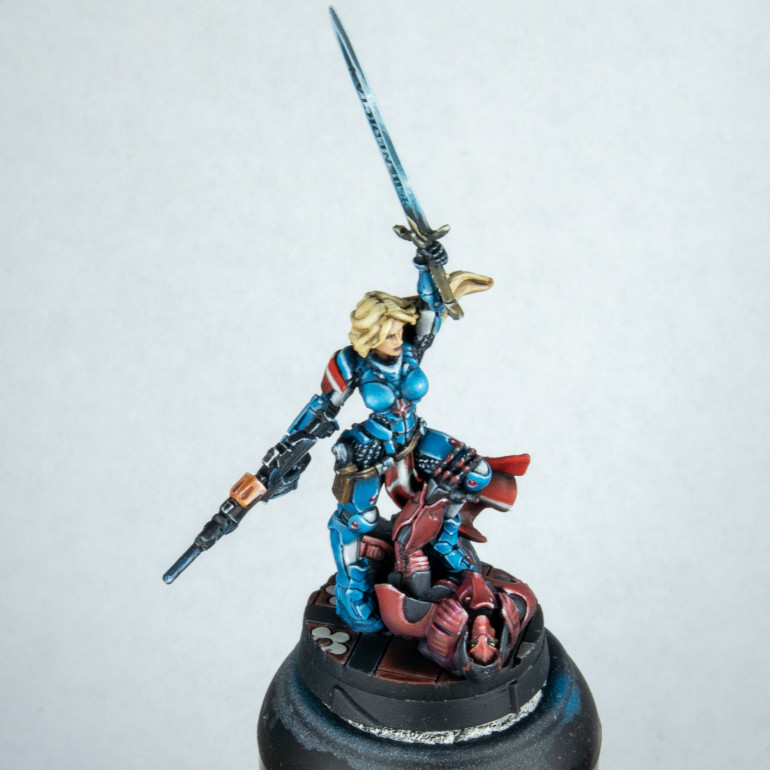 Shot from above so you can see the base. There will still be more pictures of this on the base when I decide on weathering and have it on the set. I am going to live with the model for a while before taking it off and possibly rework some things. I mostly want to repaint the face now. However not sure I could do much better. I also want to finish writing this up so I can look at Angels book to see how it's done properly.