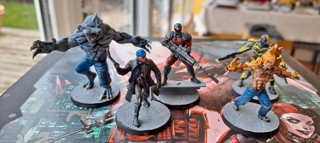 The rest of Suicide Squad.  King Shark came out quite well.  Halford's Grey Primer, Contrast Space Wolf Grey and the a dry brush of Fenrisian Grey.