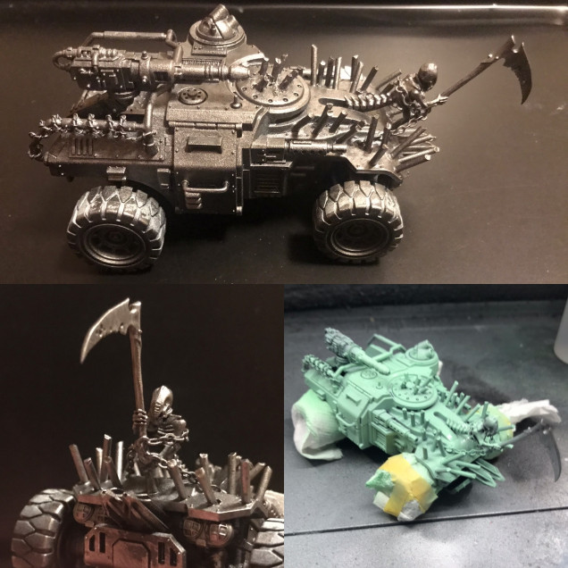 Following the mad max theme I spiked up some Ridge runners form the genestealer cults range . Drilling holes then glueing in 2 mm brass rods snipping the ends . I wanted a figure head like the bow of a ship so I found one from the undead mortis engine .