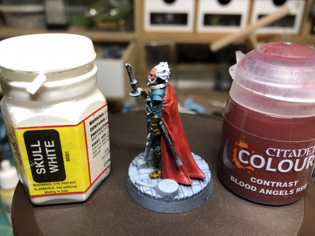 For the cape, I used GW Contrast Blood Angel Red which works great with a zenithal priming. The beard and hair were painted white