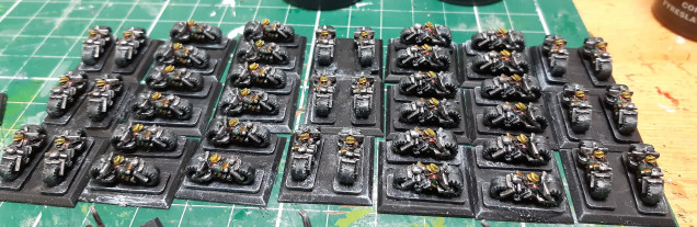 black templar on tyres and basilicanum grey on bike frames and guns.