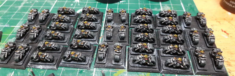 black templar on tyres and basilicanum grey on bike frames and guns.