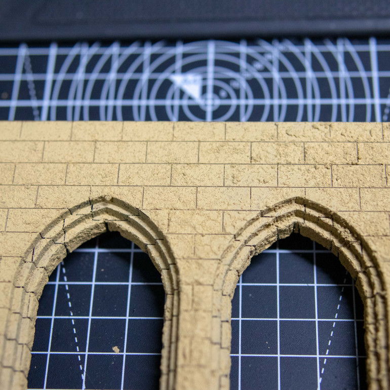 Rear of the midground arches where I cheated and stippled on the texture paste in two coats and scored with the back side of my scalpel. This will not look as good but you can't see it from the front and will only be used in a long corridor shot and I will probably angle it to the wall anyway.  