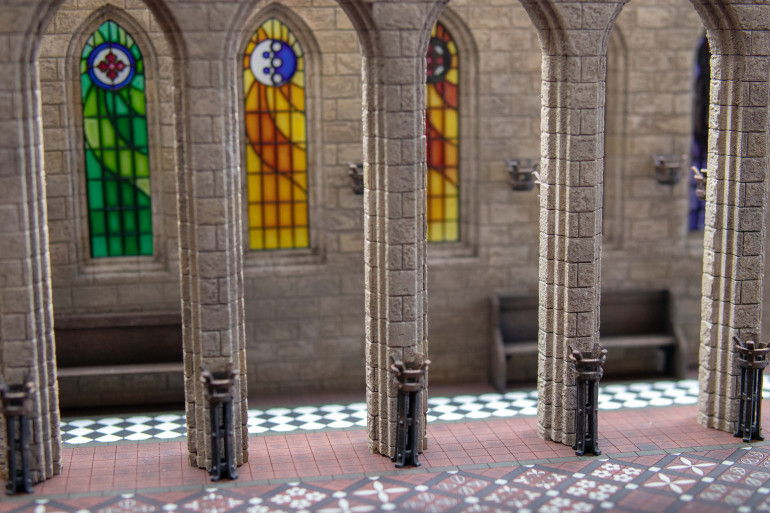 I then went onto assembly I superglued the floor braziers in place and then wall braziers making sure it was on the correct brick row. I love these details it makes you want to peak around the corner and makes it feel alive. However, there was nothing to tie them into the set. I got my airbrush and used blackwash as soot. I done behind where the flame would be and faded this out as it went higher.  I also matted in between the window pains to reduce any chance of glare. Sadly, no photo’s but I also lightly weathered the base with oil washes of streaking grime, sand deposits and dark brown panel liner all stippled on then taken off with a damp brush. The effect is slight, but it does bring it together a bit.