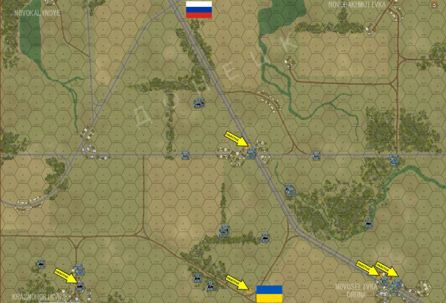 Here is the battle map, with 200-meter hexes, based on satellite imagery, showing a few square kilometers of the countryside immediately north of Adviika.  The scenario will imagine the advanced guard (reinforced battalion with brigade support assets) of 27th Motorized Rifle Brigade / 1st Guards Tank Army moving onto the norther edge of the board.  This is a real unit recently transferred near the Ukrainian border.  If (God forbid) this war actually kicks off, we may be hearing from these guys in particular.  Opposing them are elements of the actual Ukrainian Armed Forces unit charged with defending this area, the 93rd UAF Mechanized Brigade (CDO East).  The Ukrainians currently hold all five objective hexes.  The Russians have to take at least three. 