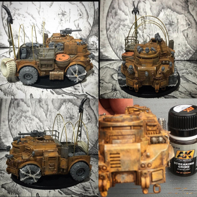 using cheap 3 mm chain i wrapped it around the wheels then guled them in place . Chaining a spare resin wheel to the back badder pole , also looped chain in brass skull racks ( bless the mortal realms cheap skull packs ) 
