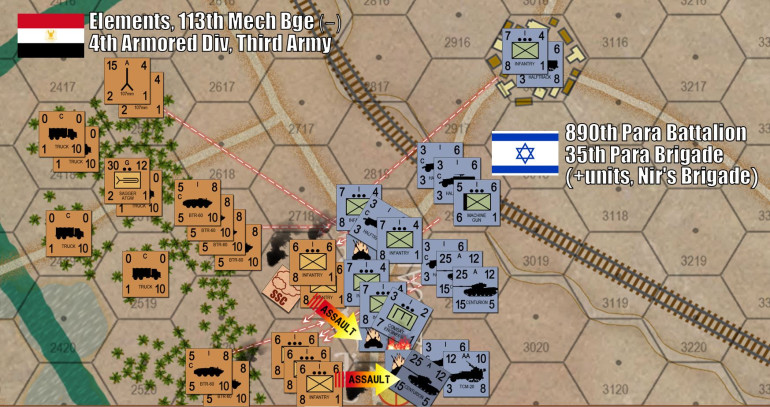 A huge battle kicks off in the south, where Damon has seized an objective hex controlling a key road the divisional commander will need to continue the overall drive down to Port Suez.  This one ... will get messy.