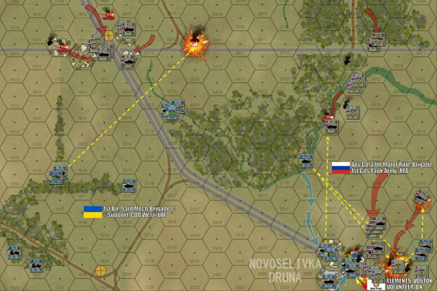 By the end of Turn 3, the battle has well and truly kicked off.  To the east, that T-72B3 / BMP-3 task forces has thundered up out of that wooded gully and smashed headlong into the town of Novaselivka Druna, assisted by insurgents and mobs of the “Vostok Battalion” separatists.  The Vostok Separatists take hideous losses, as do my BMP-3 motorized infantry.  But concentrated tank and autocannon fire soon pin down two platoons of UAF mechanized infantry, then followed up by a “close assault” street battle of my thoroughly-disposable Vostok Separatists.  They succeed in mopping up Damon’s infantry and HQ unit, which means the laptops controlling the drones are lost.  Gotta admit, I breathe a sigh of relief on that one, given their “spot under cover on a 1-4 roll” rule, NOTHING was hidden from Damon’s missiles with those surveillance drones in the air.  Damon scrambles to reinforce his crumbling right at Novoselivka Druna, including his two flights of Mi-24V Hind-E gunships.  I try to counter with my own two “Krokodil” Mi-24 gunships (no, Russians do NOT call Mi-24s “Hinds” – that is a NATO designation) – but Damon SHOOTS ONE OF THEM DOWN with a hidden section of SA-18 “Grouse” MANPADS missiles.  You can see the crash site in Hex 2311.