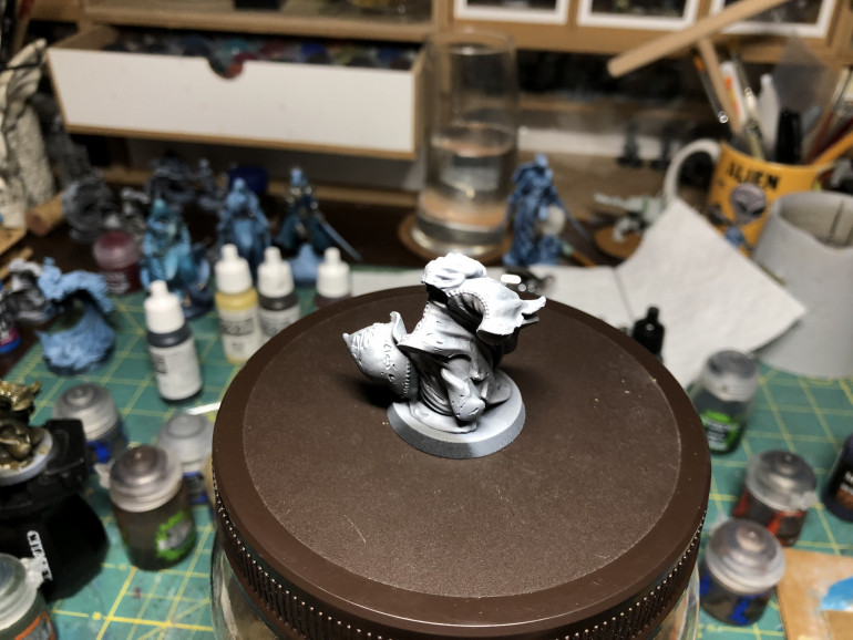 As usual, apply a solid  zenithal lighting primer, using black/grey/white. This will work well with the GW Contrast paints.