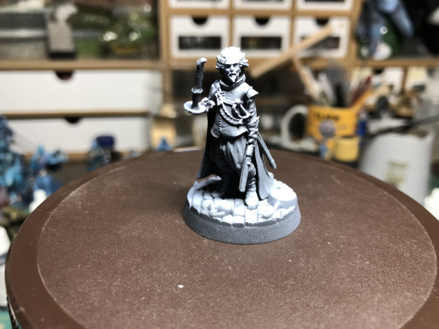 Gaston l'Armon was an interesting miniatures, offering several opportunities to play with paint, from his clothes to the candle he holds in front of him. Gaston was primed in a zenithal highlight fashion  using black/grey/white with an airbrush.