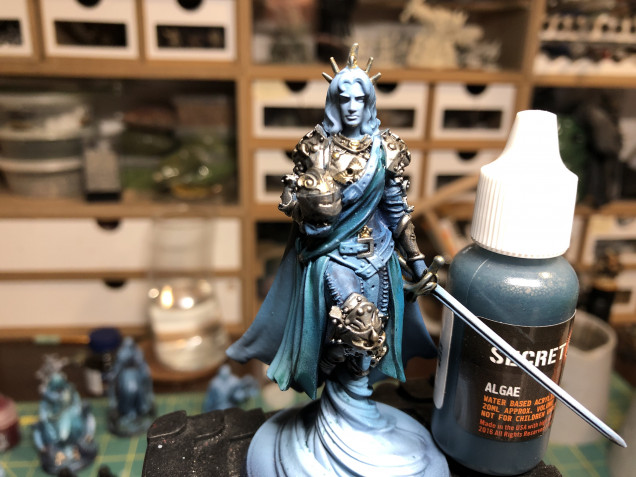 The sash and overdress were applied a diluted layer of Secret Weapon Algae wash (try their washes, they are magical). Try a blueish wash for the leather pants so as to create a nice contrast.