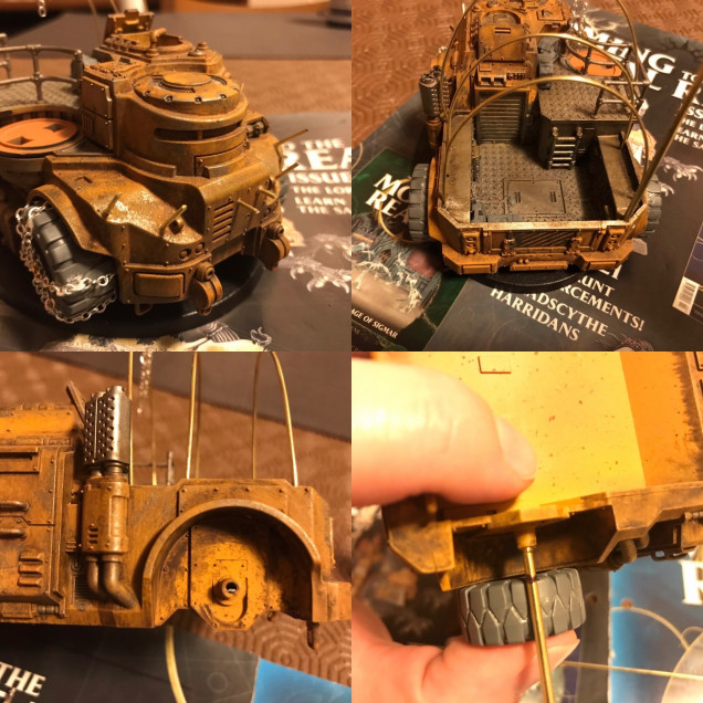 using my old goliath truck i built and base painted a few years ago I widended the back wheel axcel with brass rods . Then bending some thinner 2mm brass rods made the supports for a chanopy that will be made of thin cloth or dry cleaning wipe coloured .