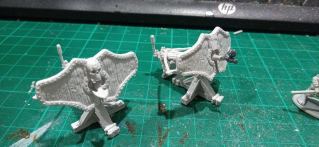 The Bolt Throwers were just some cheap RPG stuff that I found in my local Hobby Shop, spray with Wraithbone. I didn't like the original arrowheads they came with, far too warlike for Halflings so I put Cocks on them instead. You get  per box so I've got tonnes left over. In my Canon the Halfings make these to sell to humans basically as a joke, the humans put nice chickens all over the outside of their nice houses and the Halflings laugh at them putting cocks on things. So with thousands of these things in storage why not have some fun and fling them at the enemy? The skulls were also taken off.