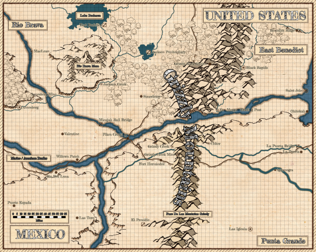 The land is a vast, open area of varying landscapes populated with a wide variety of flora and fauna. The three territories are based loosely on the Rio Grande Basin in Texas / Mexico, the Sonoran and Mojave Deserts of Arizona, and the prairies of New Mexico of Arizona. The forested region is roughly based of the Rocky Mountains along with the Ponderosa Pine Forests and Arizona. The Great Plains are loosely based after the plains of the Midwestern U.S.