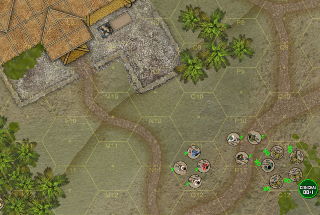 By Turn 3, Jameson’s Alpha Team coerces a SECOND gang of ambivalent insurgents to join government forces, probably offering immunity from prosecution for past looting or arson (common in this conflict).  With so many new allies, Dylan starts to get bold and moves out into across the central “road” toward Reinado’s safehouse at upper left