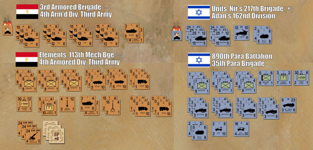 Here are the forces both sides will have in the game.  For reference, each counter is a unit (platoon or half-company) of five tanks, a platoon of 40-50 men, or a battery of 3-6 guns.  Note I also have three batteries of SA-2 “Guideline” surface-to-air missiles.  These were critical targets for the Israelis on the West Bank of the canal, as their vaunted air force couldn’t operate safely until their ground units took out some of these firing sites.  That’s right, the ground forces had to “soften things up” for the air force, instead of the other way around.  So I’ve got about two battalions of about 60 tanks, a battalion of mechanized infantry in BTR-60 troop carriers, and some support assets like combat engineers, Czech 107mm recoilless rifles, and of course a few of the dreaded AT-3 “Sagger” antitank guided missiles.  Damon has a battalion-sized task force of Nir’s Brigade in the superlative “Sh’ot” Centurion upgrade, a battalion of elite paratroopers I WW2-era M3 halftracks and a few odds and ends like recon jeeps with 106mm recoilless rifles.  I should also note he has four A-4 Skyhawks on standby.  For their strike packages Damon has selected two with American-supplied Rockeye cluster bombs for antitank work, two with Walleye TV-guided bombs for installations.  