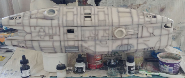 And finally, I switched from my small airbrush to my Chinese blaster of doom – a syphon fed .8 mm nozzle murder machine. I painted couple of layers of Vallejo white wash and transparent raw umber ink (roughly 4:1 mixture).  Final step was to cover it all in solid layer of Pledge floor polish. Now the ship Is ready for decals, which unfortunately I need to design first… That’s the next step on the agenda.  