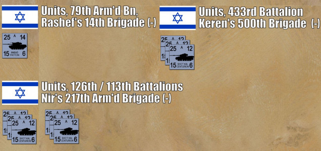 The Israelis for this fight.  I've FINALLY found a pretty reliable source for the tank type make up of these different brigades, and a book that shows the order which these different forces entered the battlezone.