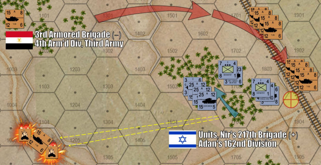 Things jump off in the north on Turn 03.  Damon’s counter-fire to my opening salvo is pretty devastating, he’s disordered five of my tanks and killed ten more at a range of 1500 meters.  But forty MORE tanks have already swept around behind him, and now threaten that rail line objective hex.  Note Damon’s use of displace fire tactics, firing and them using split-move-and-fire rule to displace his armor 250 meters to the northwest.  It’s correct to lunge like this, but he lunges the wrong way, and thus allows himself to be flanked.  If he’d moved east one hex instead of northwest, he could have contested that flanking maneuver with point-blank opportunity fire and cost me at least 15 more T-55 main battle tanks.