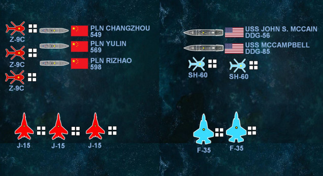 Here are the forces for today's game.  We start with just the three Chinese Type -054A Jiangkai class frigates and the two US 