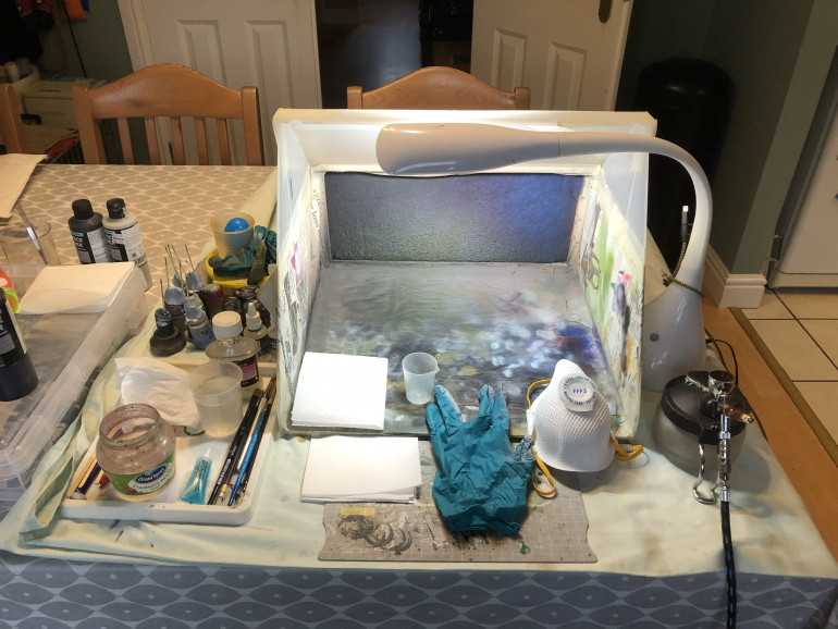 My airbrush setup. As I don't have a dedicated hobby space, everything is done on the kitchen table, therefore I must be tidy and able to pack away really quickly.