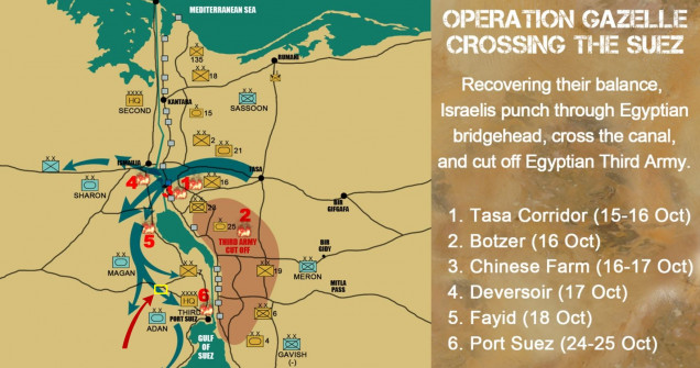 After suffering stunning setbacks and appalling losses in the face of the initial Egyptian onslaught across the Suez Canal, the Israelis have regained their balance and mounted Operation Gazelle (alternatively Operation Abirey-Halev, “Stouthearted Men”), a counter-crossing back across the Suez Canal.  The Israeli objective is to turn south and take Port Suez, which will slice off the whole Third Army in vast pocket.